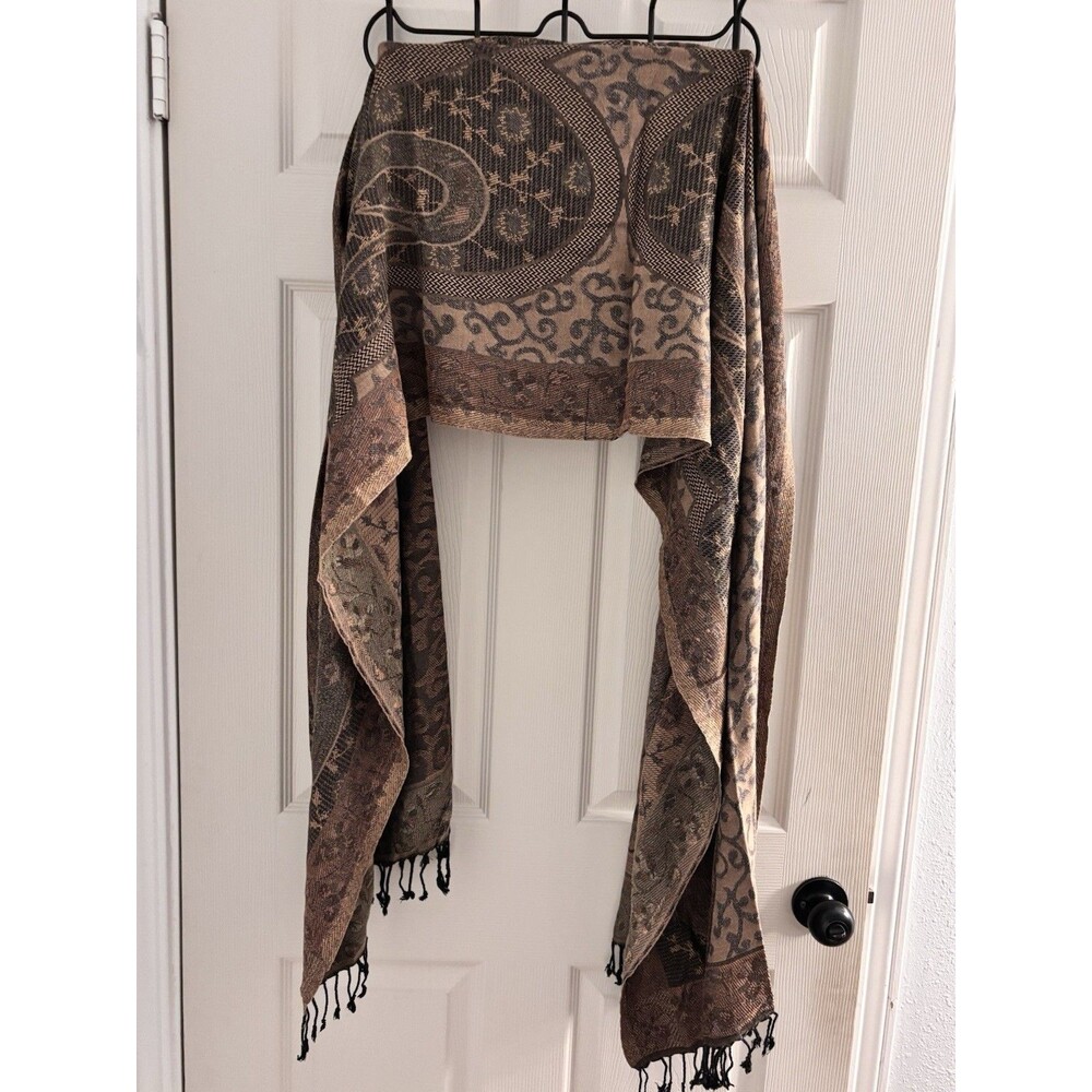 Chicos Brown Paisley Tapestry Shawl Wrap Scarf Fringe Boho